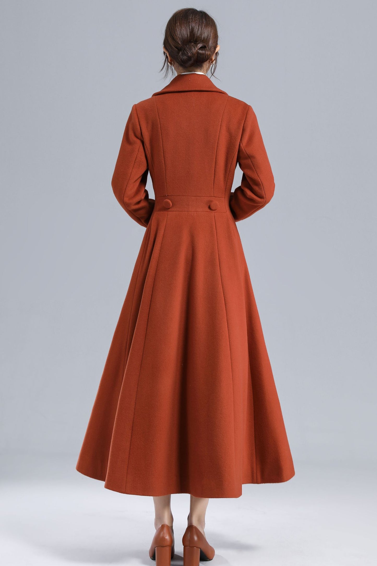 Rust Brown Wool Coat – Vintage Double-Breasted Fit and Flare Overcoat 3233