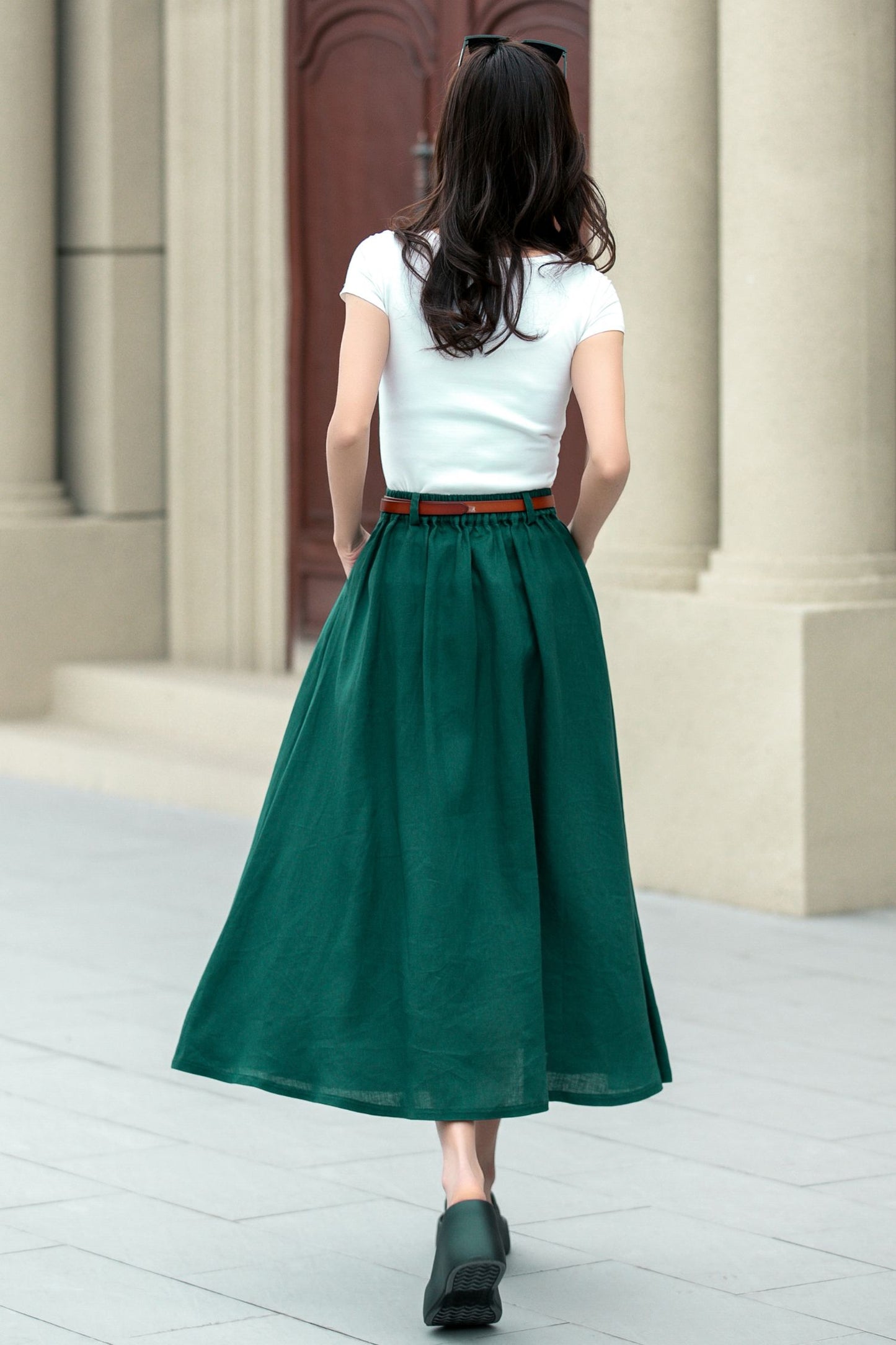 Green Linen A-Line Midi Skirt - Button Front Detail 4967
