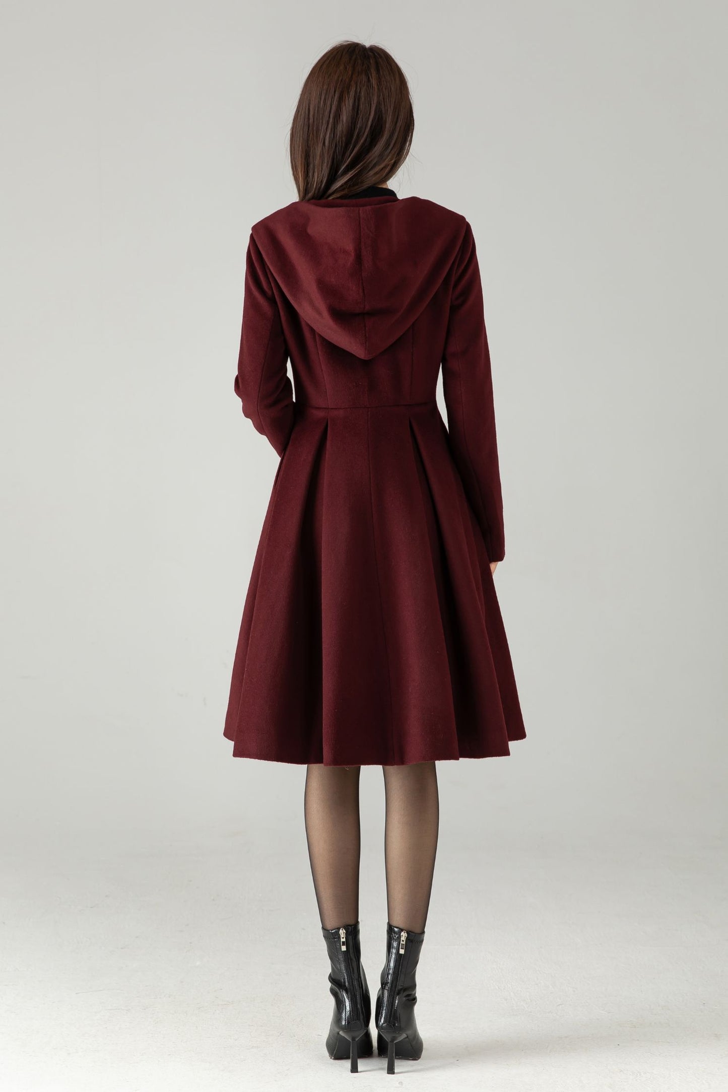 Hooded Burgundy Wool Coat – Vintage Fit & Flare Short Winter Coat | Xiaolizi 6572