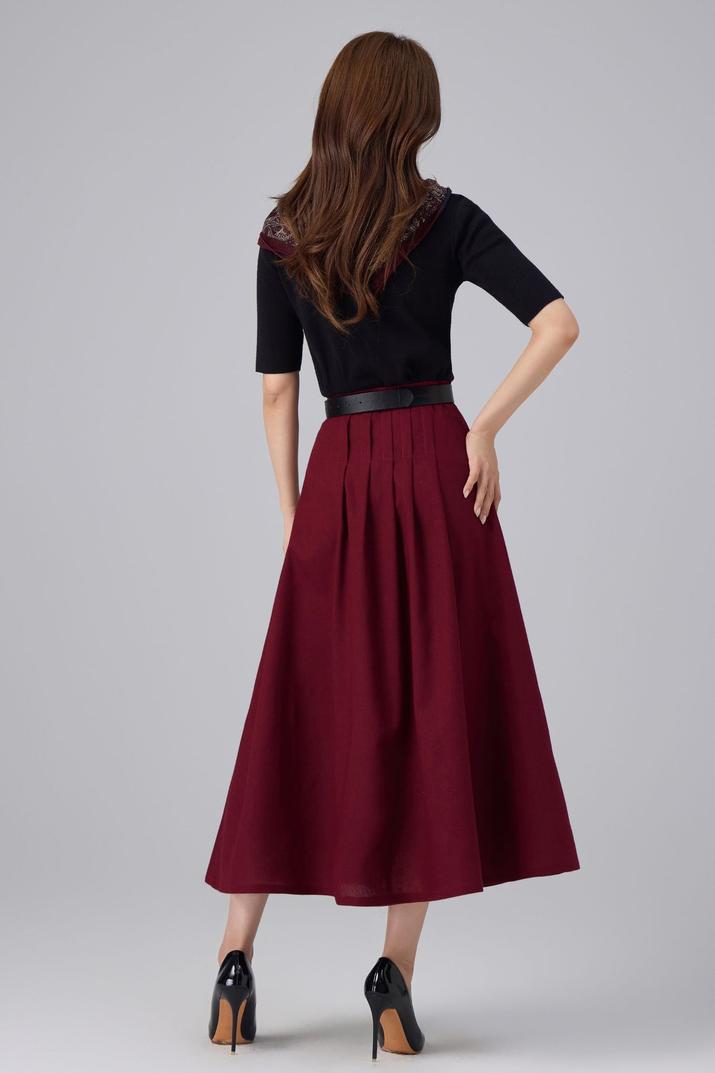 Burgundy Linen Midi Skirt - High Waist Pleated A-Line | Xiaolizi 6759
