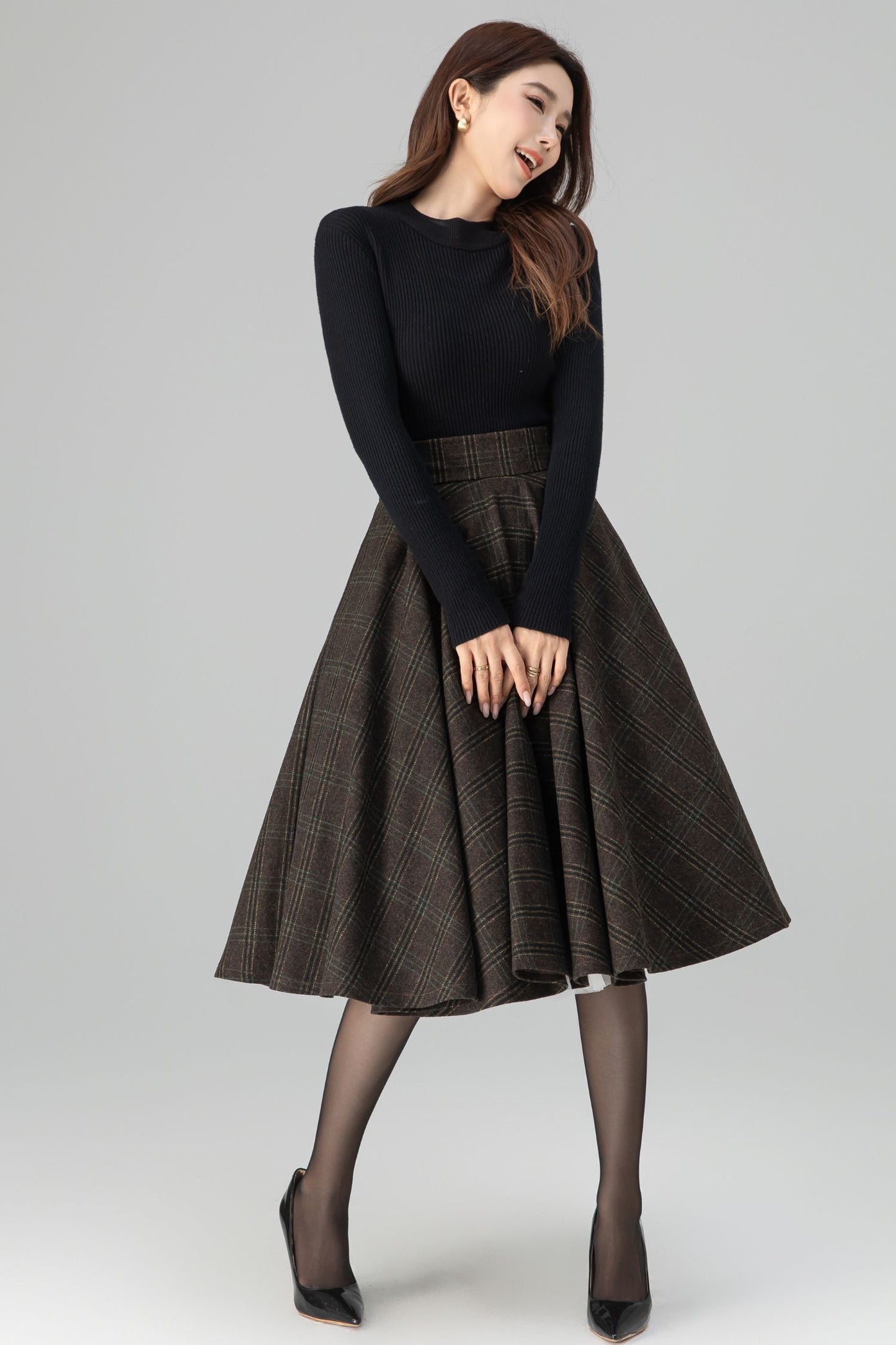 Classic Plaid Midi Skirt Dark Brown Wool – High-Waisted Circle – 6396