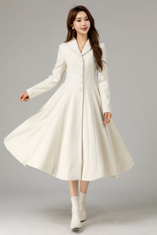 Vintage White Wool Coat – Handmade Fit & Flare Winter Elegance 5485