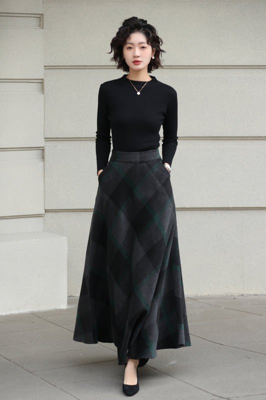 Xiaolizi Dark Plaid Wool Maxi Skirt for Women – Handmade A-Line Winter Swing Skirt 6606