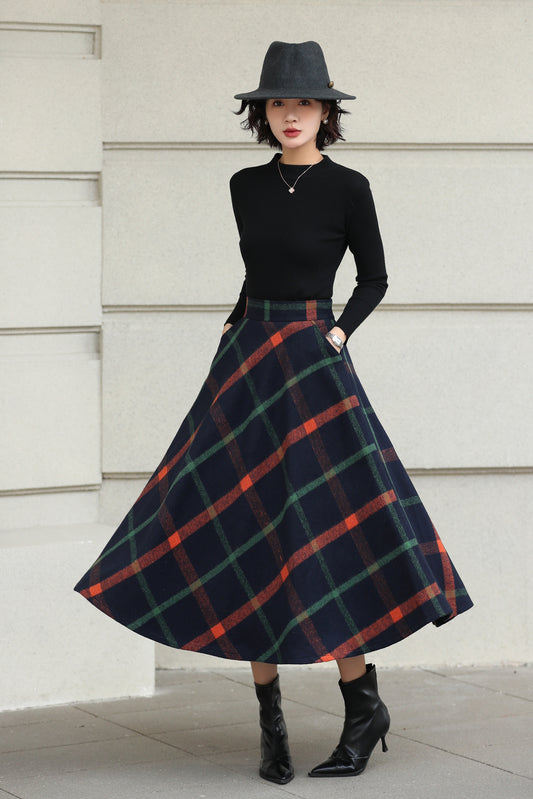 Xiaolizi Plaid Wool Midi Skirt for Women – Handmade A-Line Winter Mid-Length Skirt 6607