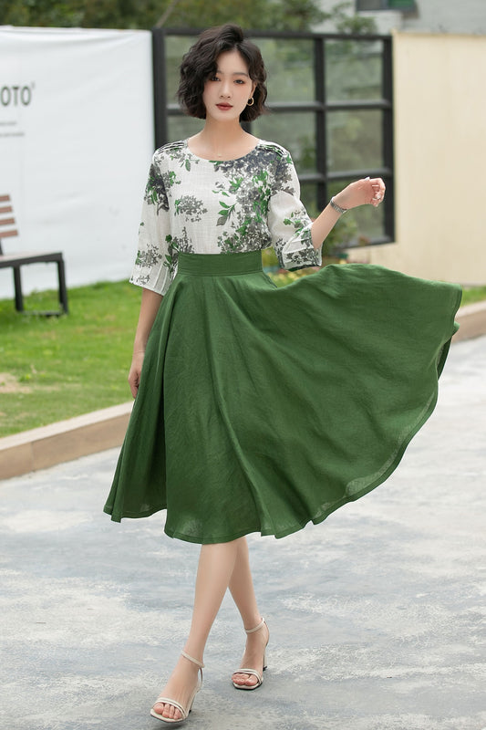 Classic Green Linen Midi Skirt – High-Waisted A-Line with Pockets – 6056
