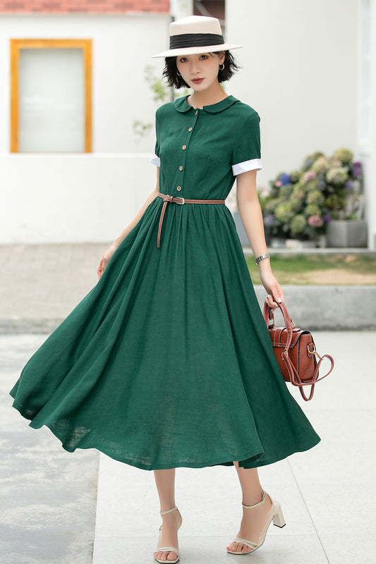 Green midi summer linen shirt dress 6048