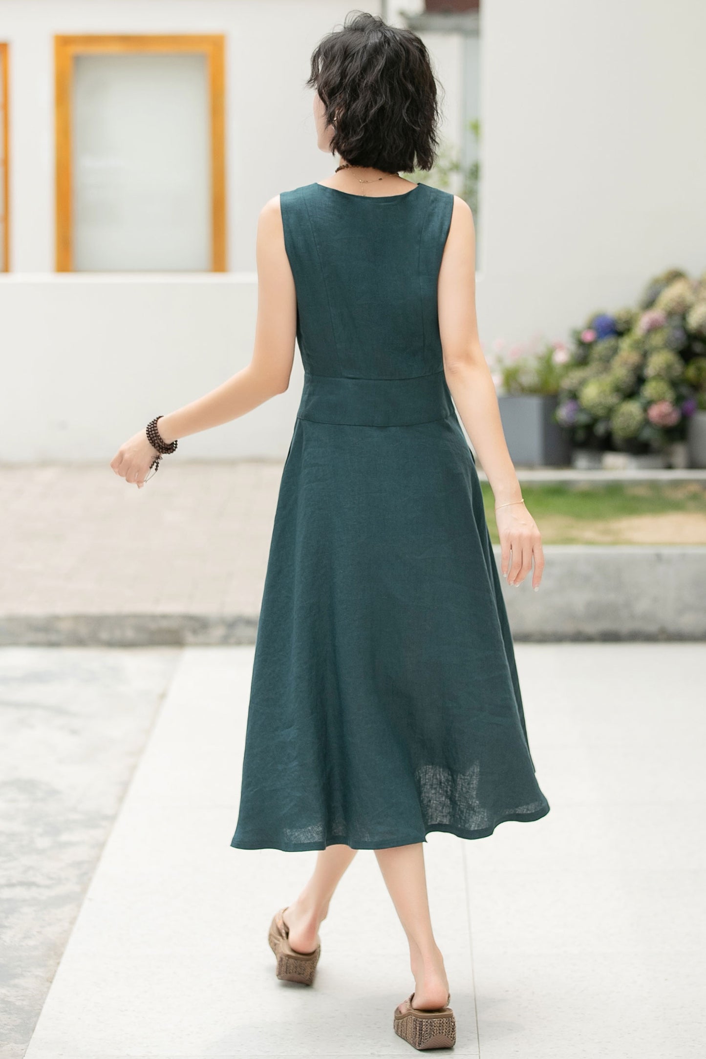 Feminine Teal Linen Midi Dress – A-Line Pockets & V-Notch Neckline – 6054 - S #CK2500492