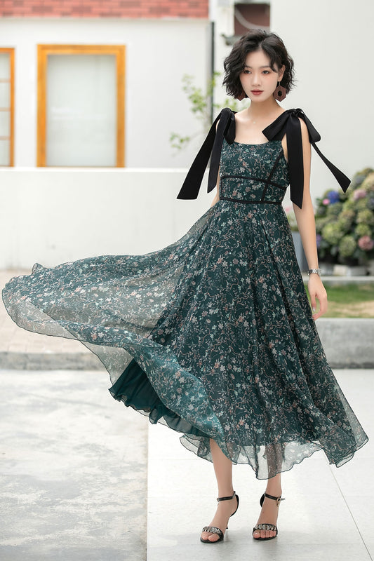 Feminine Maxi Dress in Deep Green – Bow-Tie Straps A-Line Floral – 6052
