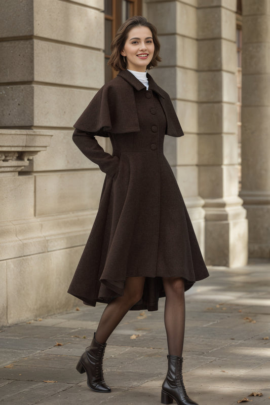 Brown Wool Coat – Vintage Winter Cape Overcoat with High-Low Hem 6548