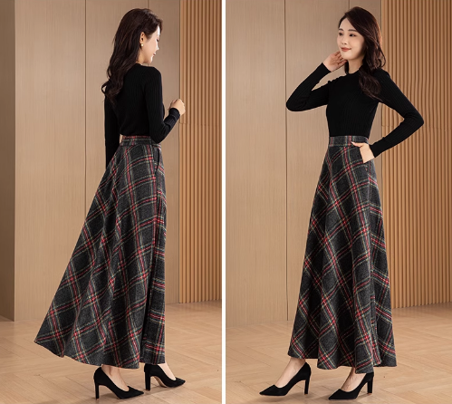 Gray Plaid Wool Maxi Skirt – Vintage A-Line with Red Accents 5564