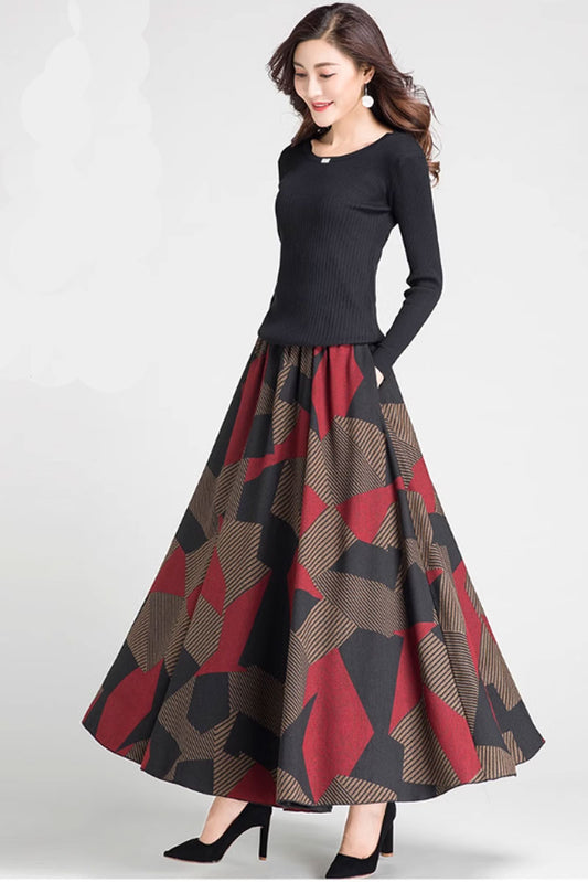 Patchwork Wool Blend Long Skirt - A-Line Elastic Waist 4772