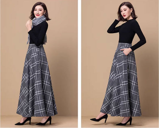 Maxi winter a line plaid wool skirt women 4639-5