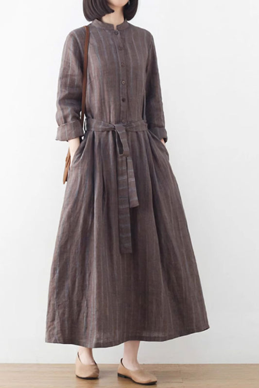 striple long sleeves linen dress women 4828