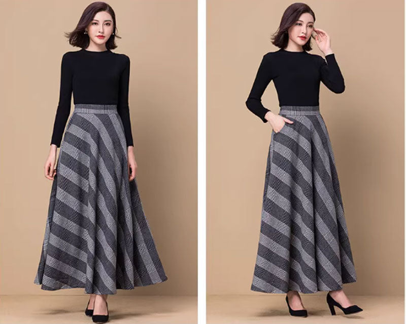 Long winter plaid wool skirt women 4639-2