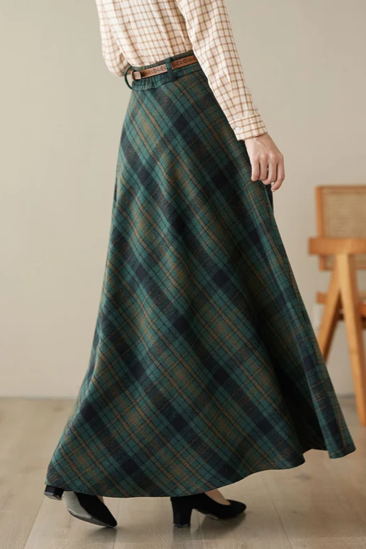 Green Plaid Wool Maxi Skirt – Vintage High Waist Ankle Length Skirt with Pockets 4621