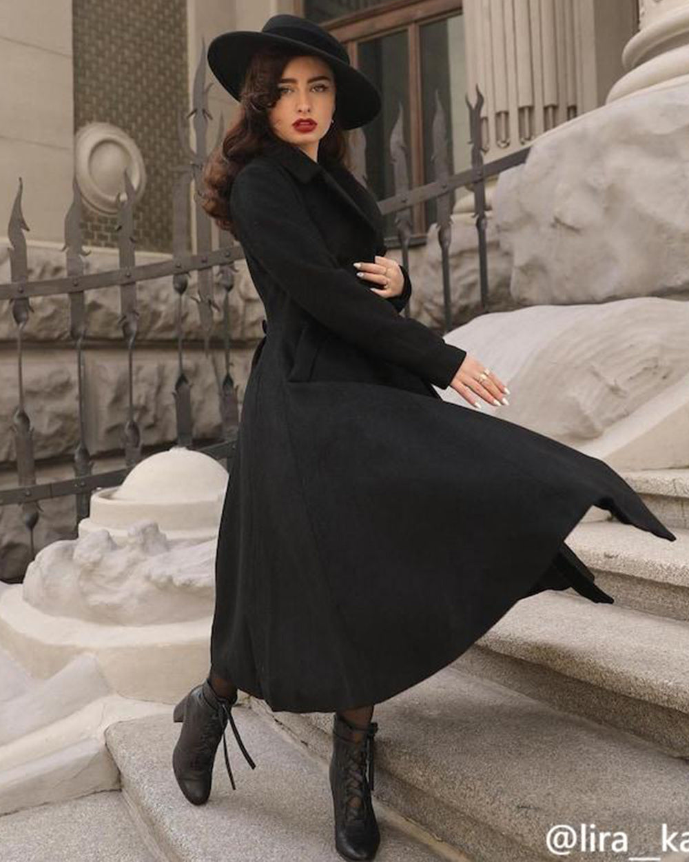 Black Wool Maxi Coat Vintage Double Breasted Long Overcoat 2743 Black / XS Black Wool Maxi Coat Vintage Double Breasted Long Overcoat 2743 Black / XS