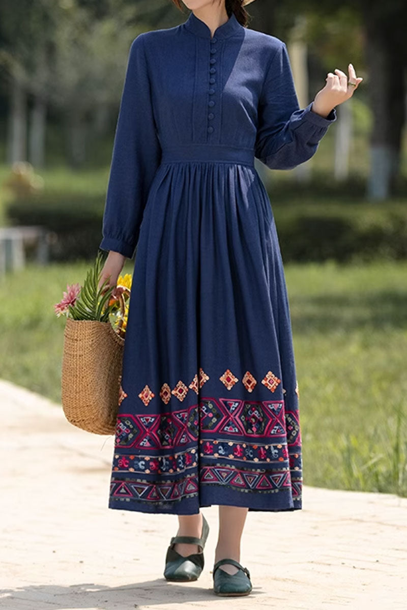 Blue vintage midi linen dress for women 4820 Xiaolizi Blue vintage midi linen dress for women 4820 Xiaolizi
