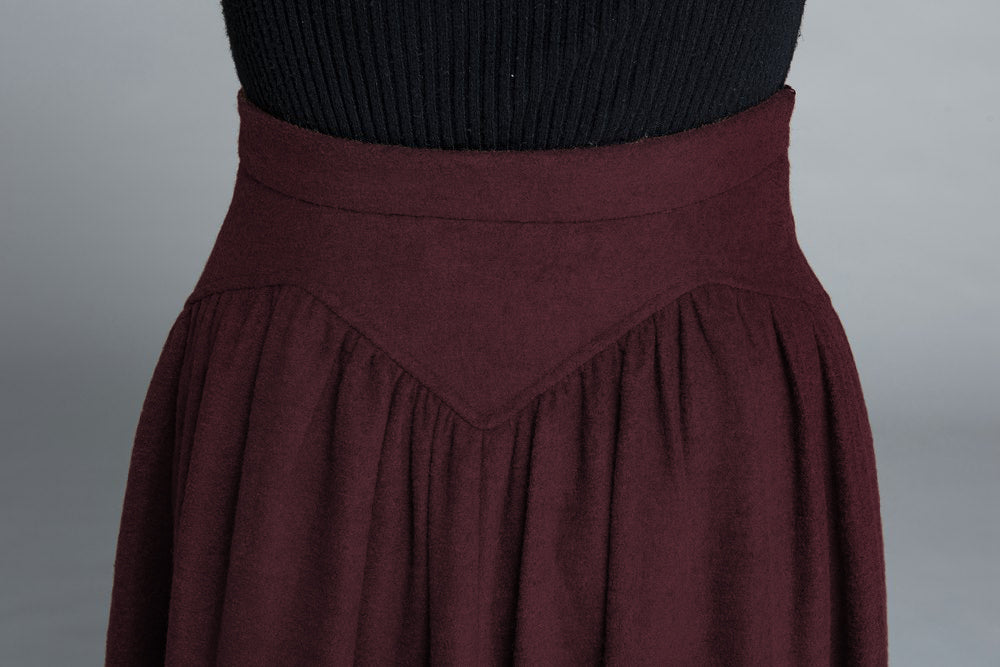 Burgundy Wool Maxi Skirt – Vintage High Waist Flared Winter Skirt 6319
