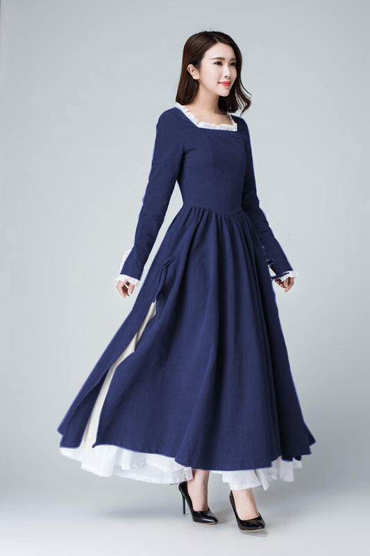Xiaolizi Linen Maxi Dress – Vintage Navy Fit and Flare Dress with chiffon hem 6316