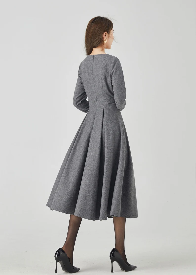 Gray Wool Dress – Handmade Fit & Flare Long Sleeve Winter Midi | Xiaolizi 4525
