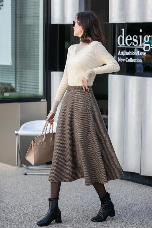 Brown Houndstooth Wool Blend Midi Skirt – Handmade Vintage Winter Elegance 4131