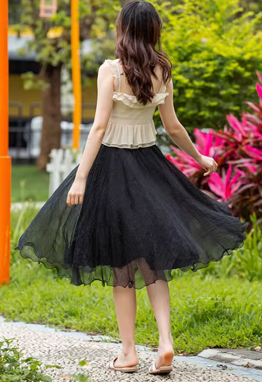 Black elastic waist summer chiffon skirt 6187- black