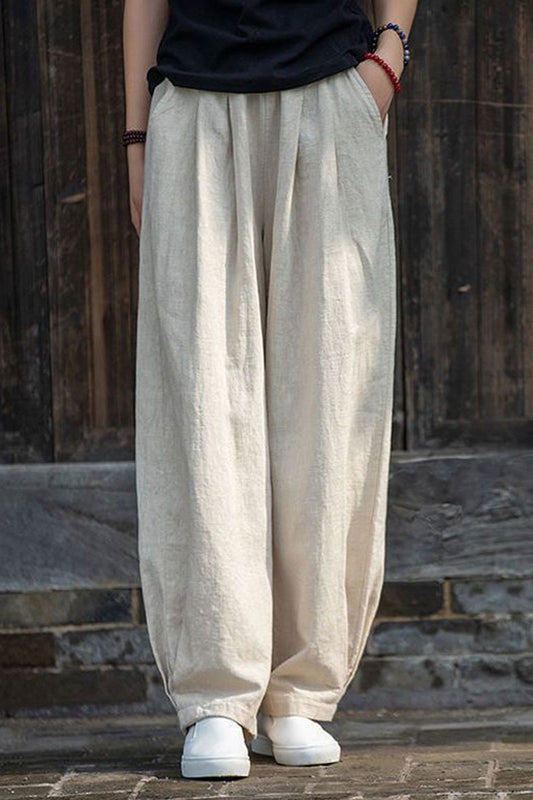 Light Green Linen Cotton Pants - Loose Fit with Side Pockets 4307