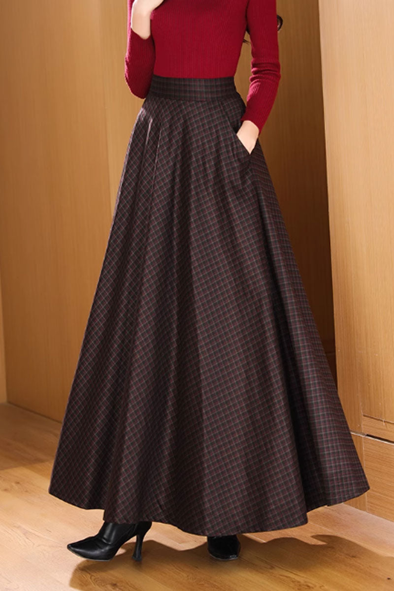 Brown Wool Maxi Skirt - Flowy Plaid with Pockets 4639-7