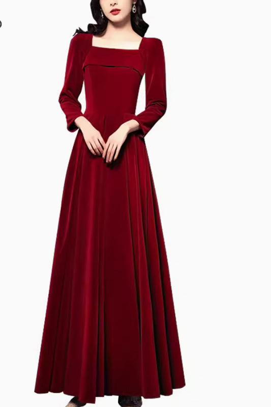 Emerald Velvet Maxi Dress - Square Neckline, 3/4 Sleeves 4799