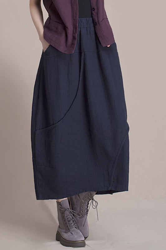 Brown Linen Midi Skirt - Bubble Silhouette with Pockets 4363