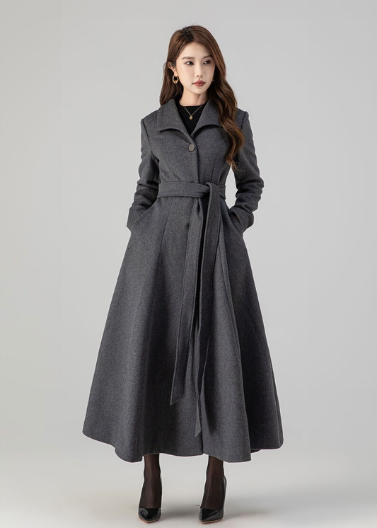 Vintage Gray Wool Blend Coat – Elegant Belted A-Line Maxi Coat | Xiaolizi 4516