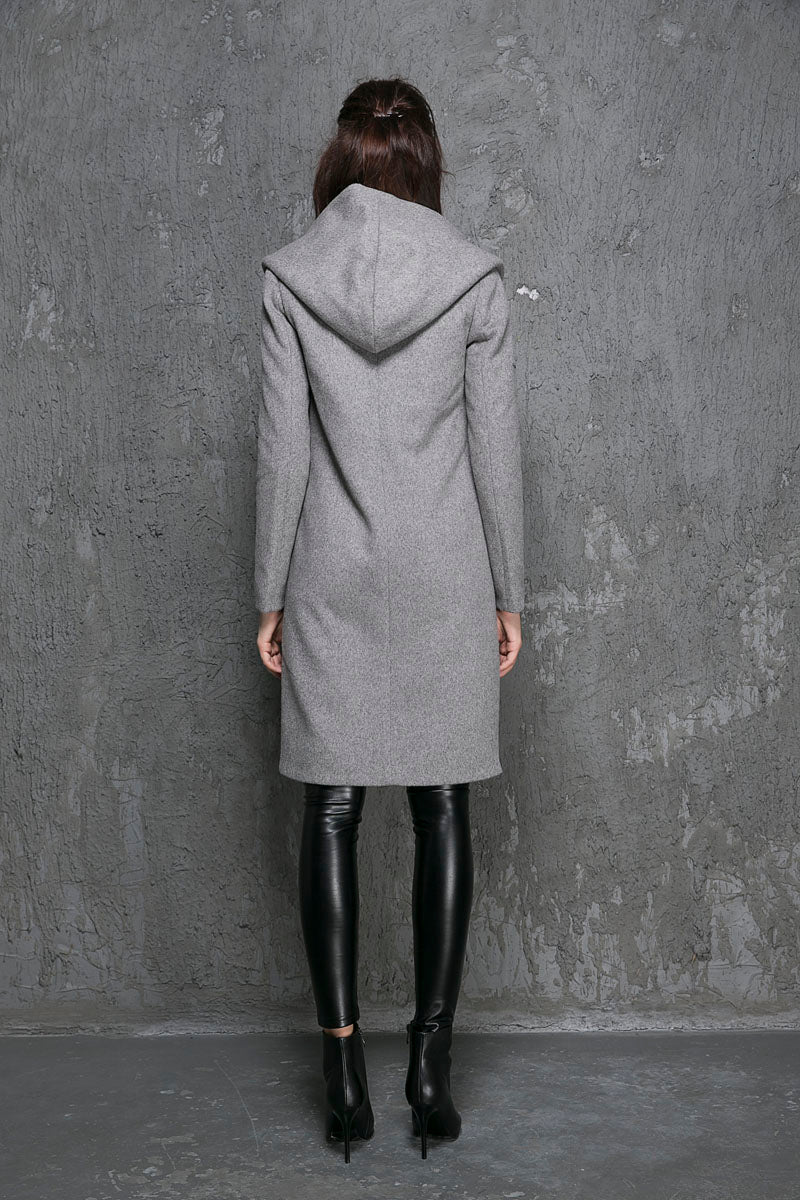 Gray Oversized Hood Wool Coat – Asymmetrical Winter Midi | Xiaolizi 1356