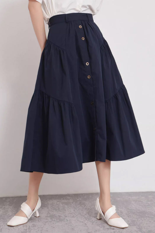 Navy Blue Polyester Midi Skirt - A-Line Tiered Ruffles 4874