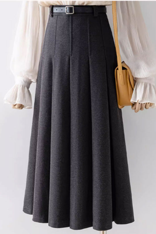 Pleated winter a line wool skirt women 4755