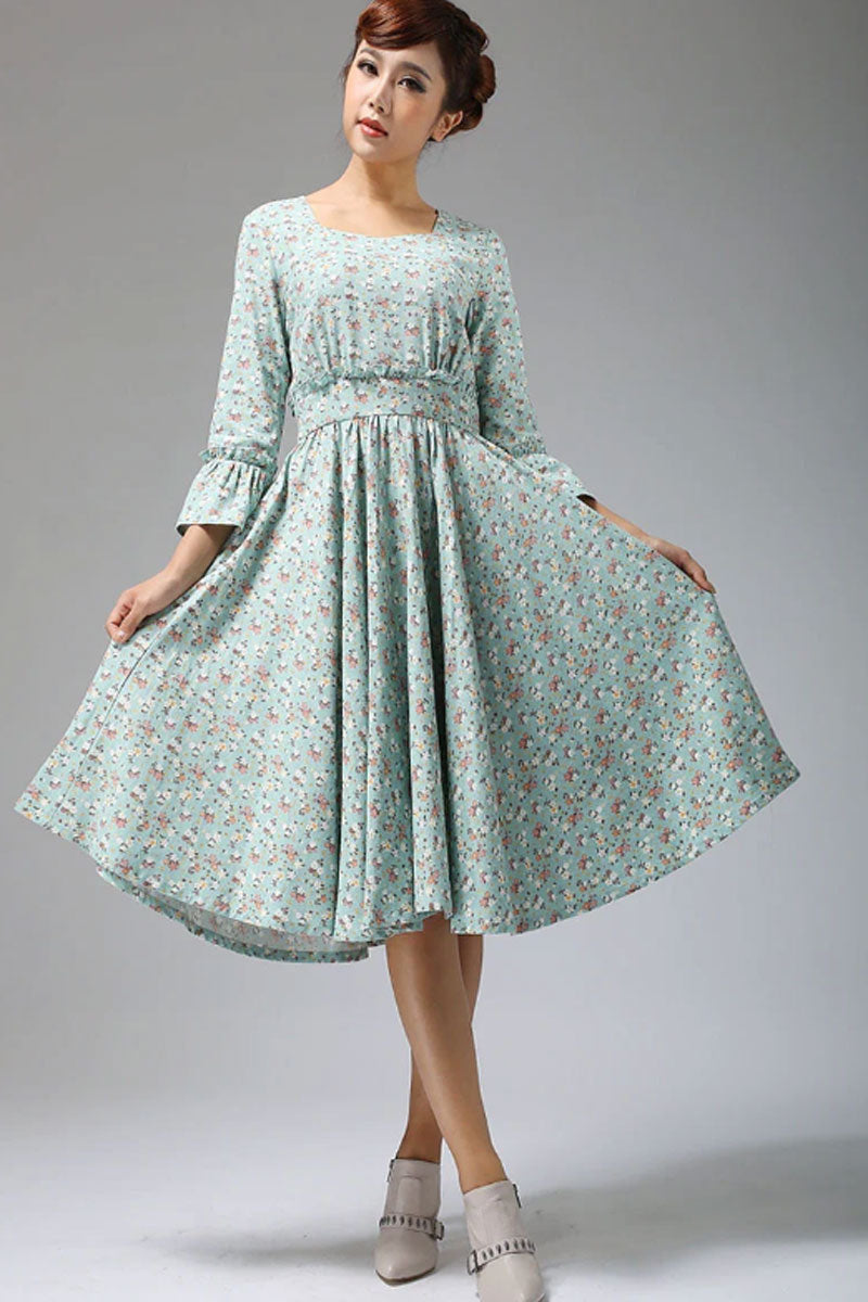 Blue linen dress floral print midi dress women dress 678# Xiaolizi Blue linen dress floral print midi dress women dress 678# Xiaolizi