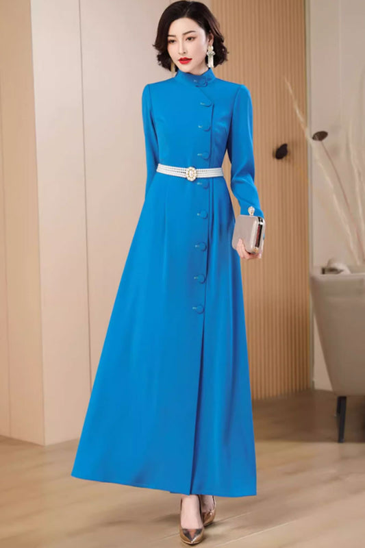 Blue Polyester Maxi Dress - Stand Up Neckline, Fit and Flare 4787