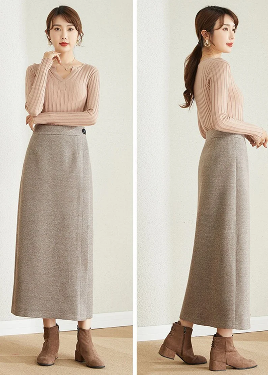 Beige Wool Wrap Skirt – Handmade High Waist Winter Maxi | Xiaolizi 3862