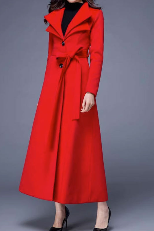 Handmade Wool Blend Coat – Elegant Lapel Maxi Overcoat with Belt & Pockets 4477