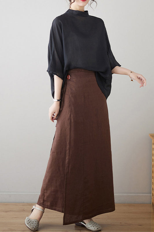 Brown Cotton Blend Wrap Skirt - Regular Fit, Maxi Length 4303