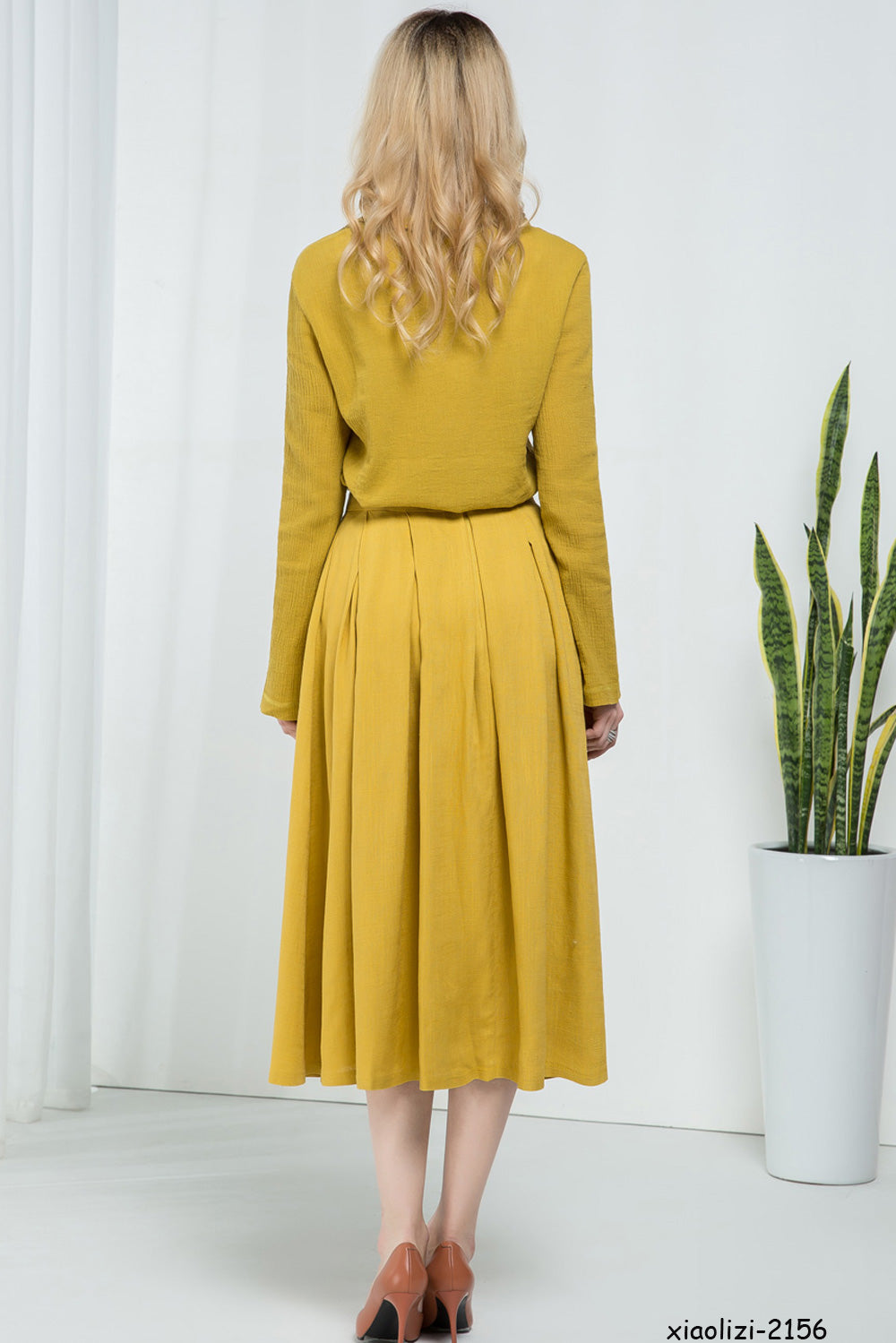 Blue Linen Cotton Blend A-Line Midi Skirt - Pleated Elegance 1591