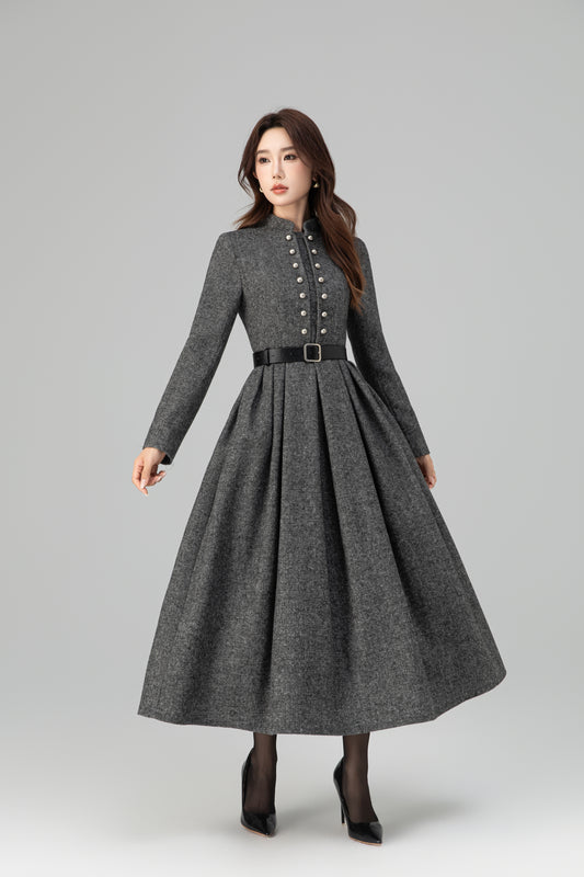 Vintage Wool-Blend Plaid Maxi Dress – Long Sleeve, Warm & Elegant 6389