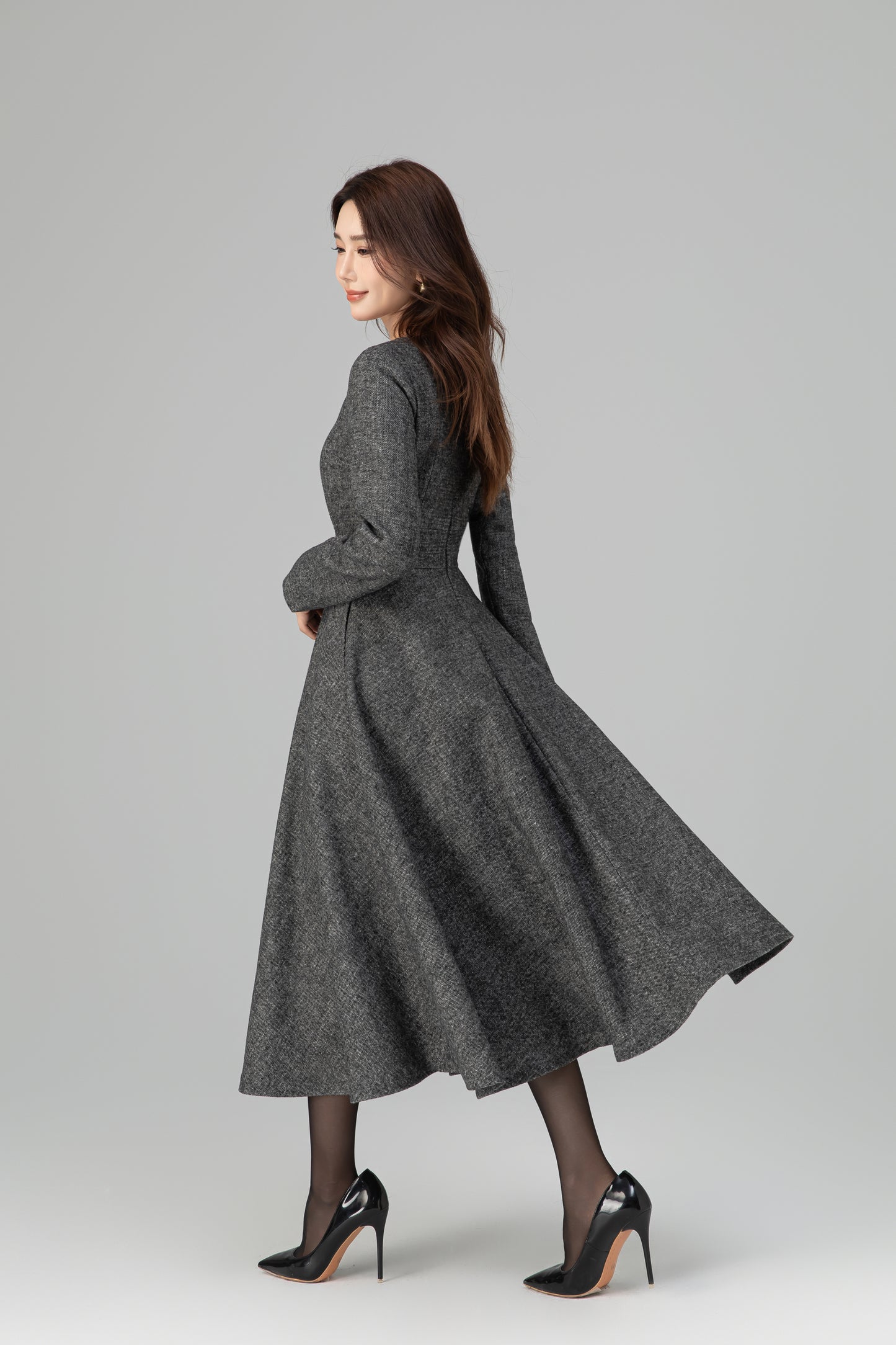 Xiaolizi Vintage-Inspired Handmade Wool Blend Fit & Flare Midi Dress – Long Sleeve Round Neck 6501
