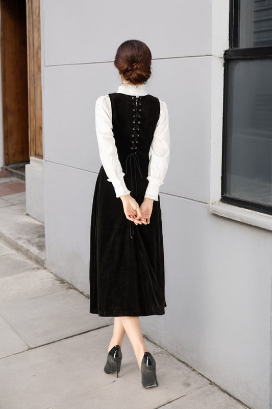 Women’s Vintage Inspired Velvet Midi Pinafore Dress for Women 5717