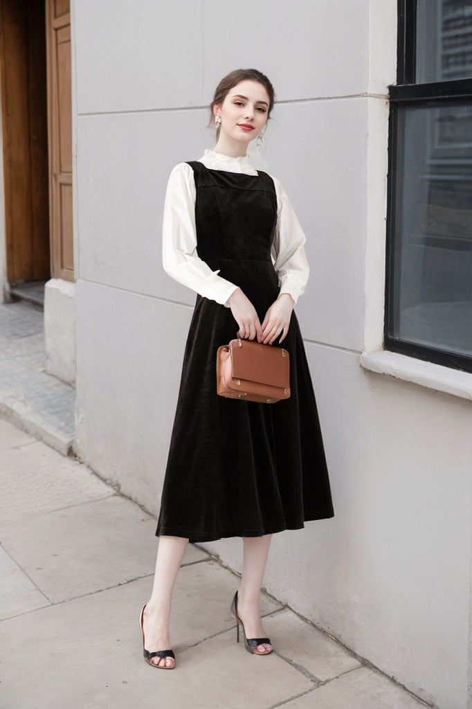 midi pinafore dress Women’s Vintage Inspired Velvet Midi Pinafore Dress for Women 5717
