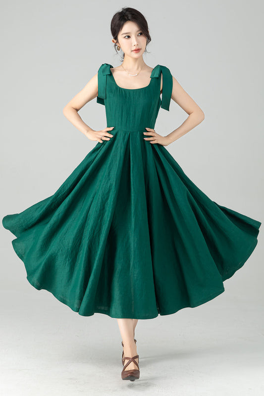 Green Linen Dress with Removable Straps 6075