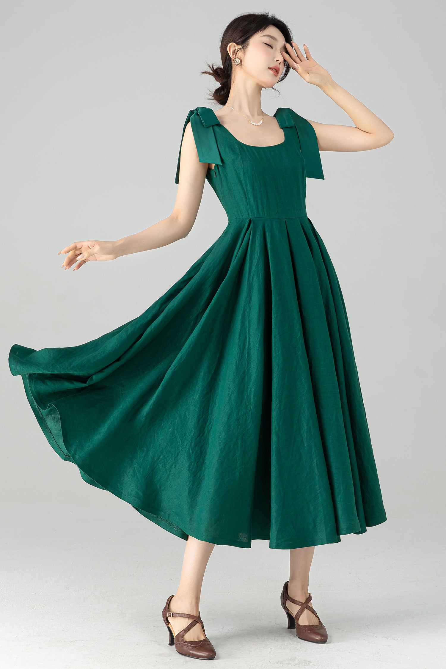 modern linen dress Green Linen Dress with Removable Straps 6075