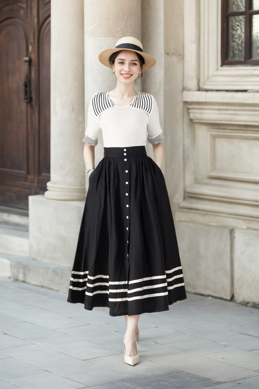 Stylish Button-Up Linen Skirt with Striped Hem 5712