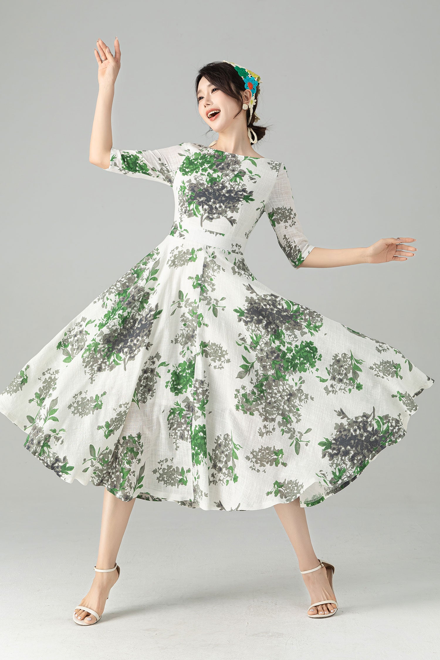 Floral Linen Swing Midi dress 6077  Xiaolizi