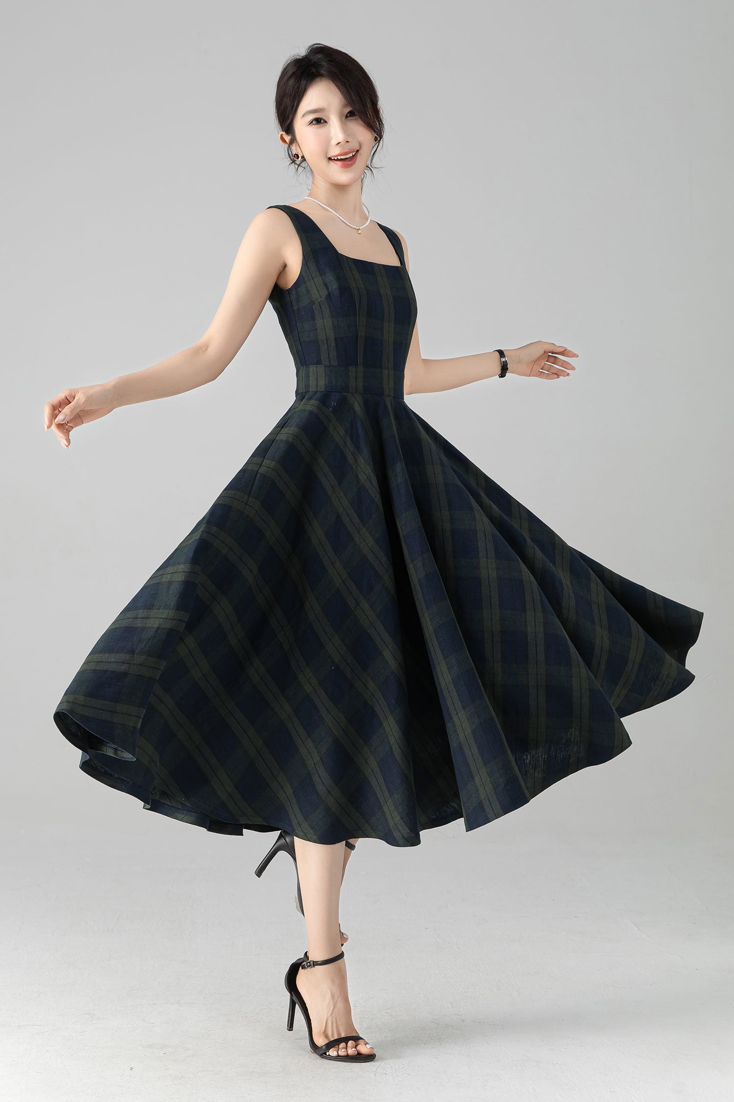 Plaid Linen Midi Dress - Square Neck Pinafore with Pockets