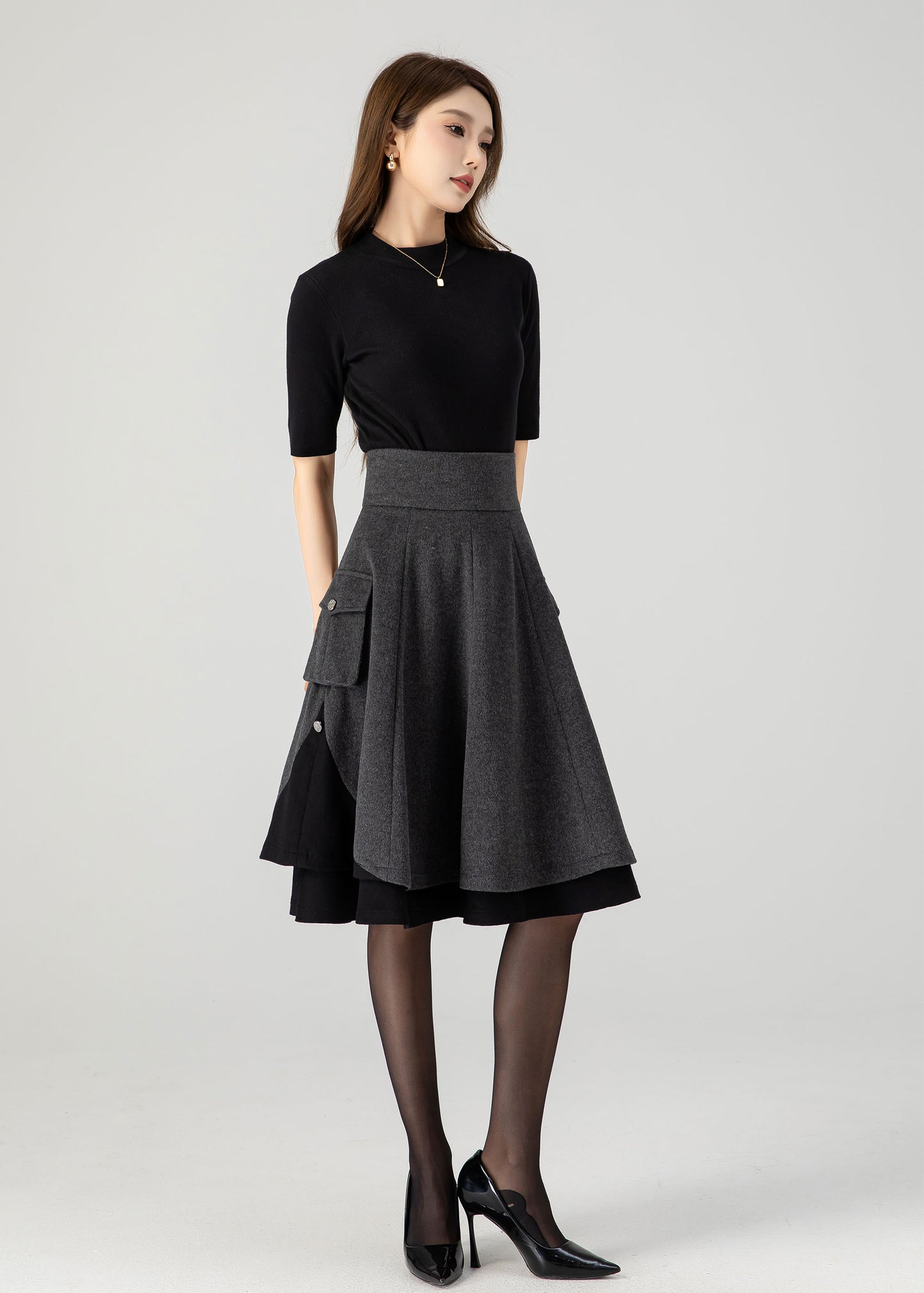 Vintage Green Wool Skater Skirt – High Waist Winter Mini Skirt with Pockets 1627